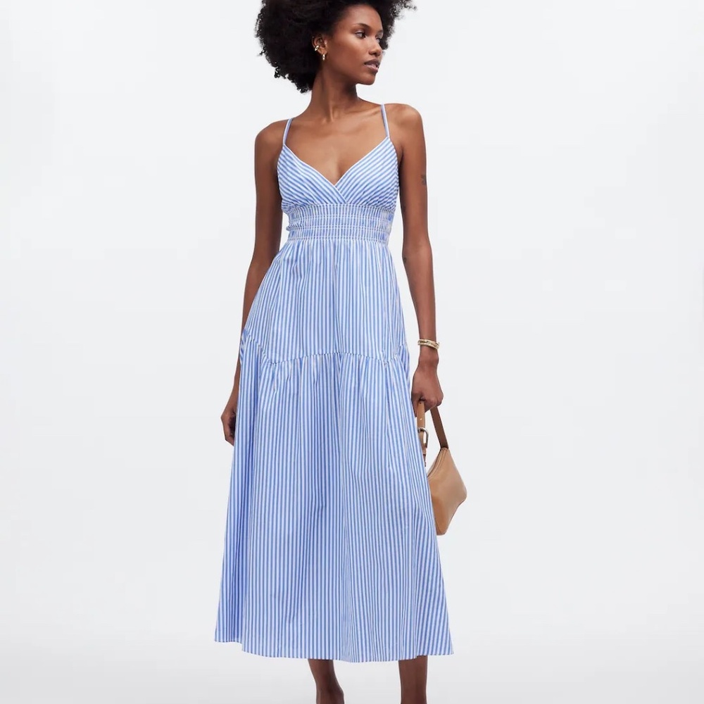 Madewell Blue and White Striped Smocked Midi Dress